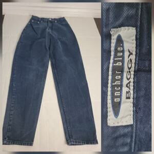 Vtg Y2K ANCHOR BAGGY Jeans Womens 7L Tapered Barrel Skater Hip Hop Dark Wash